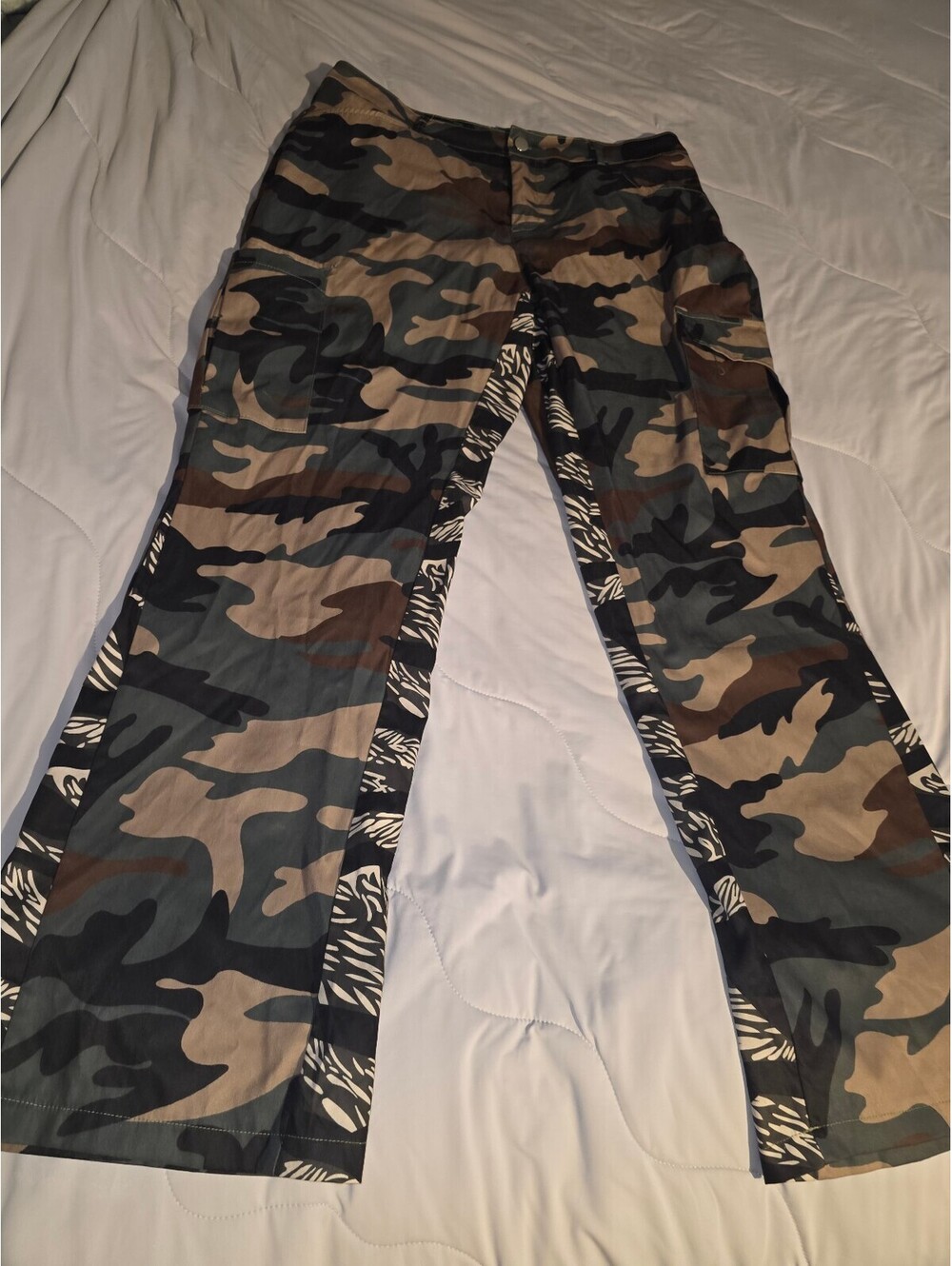 Mixed Camo Cargo Pants Woodland Animal Print Straight Leg L Streetwear - 14
